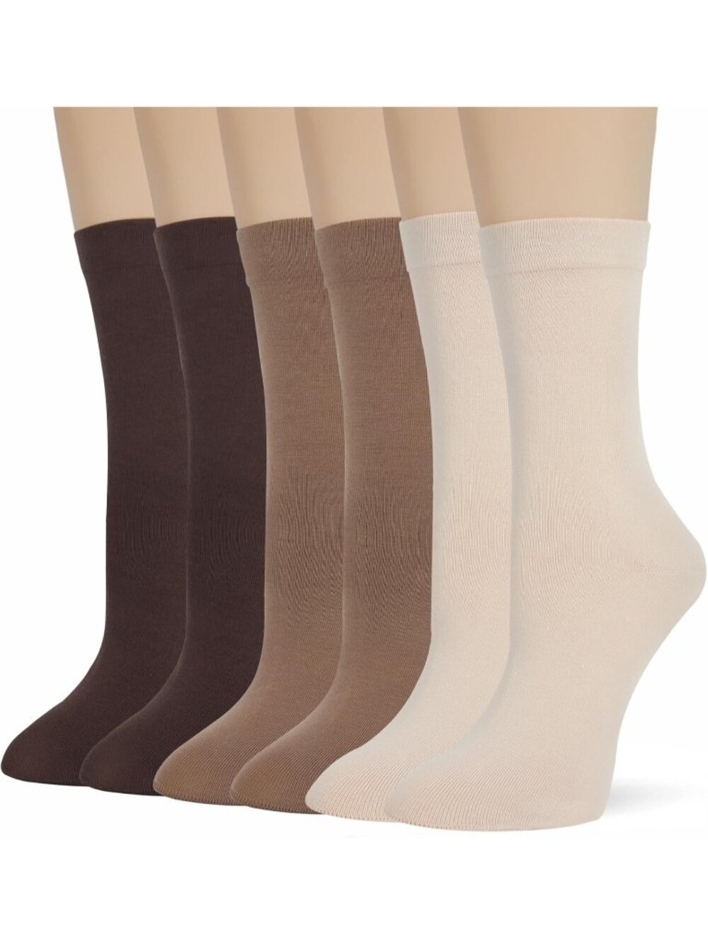 🧦Women's Brown Cream 6 Pairs Thin Ladies Soft Cotton High Calf Crew Socks